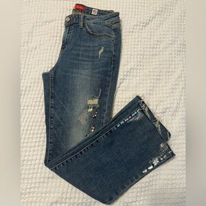 Earl Jean Womens Jeans Straight Crop Blue Denim Stone Wash Jeweled 28